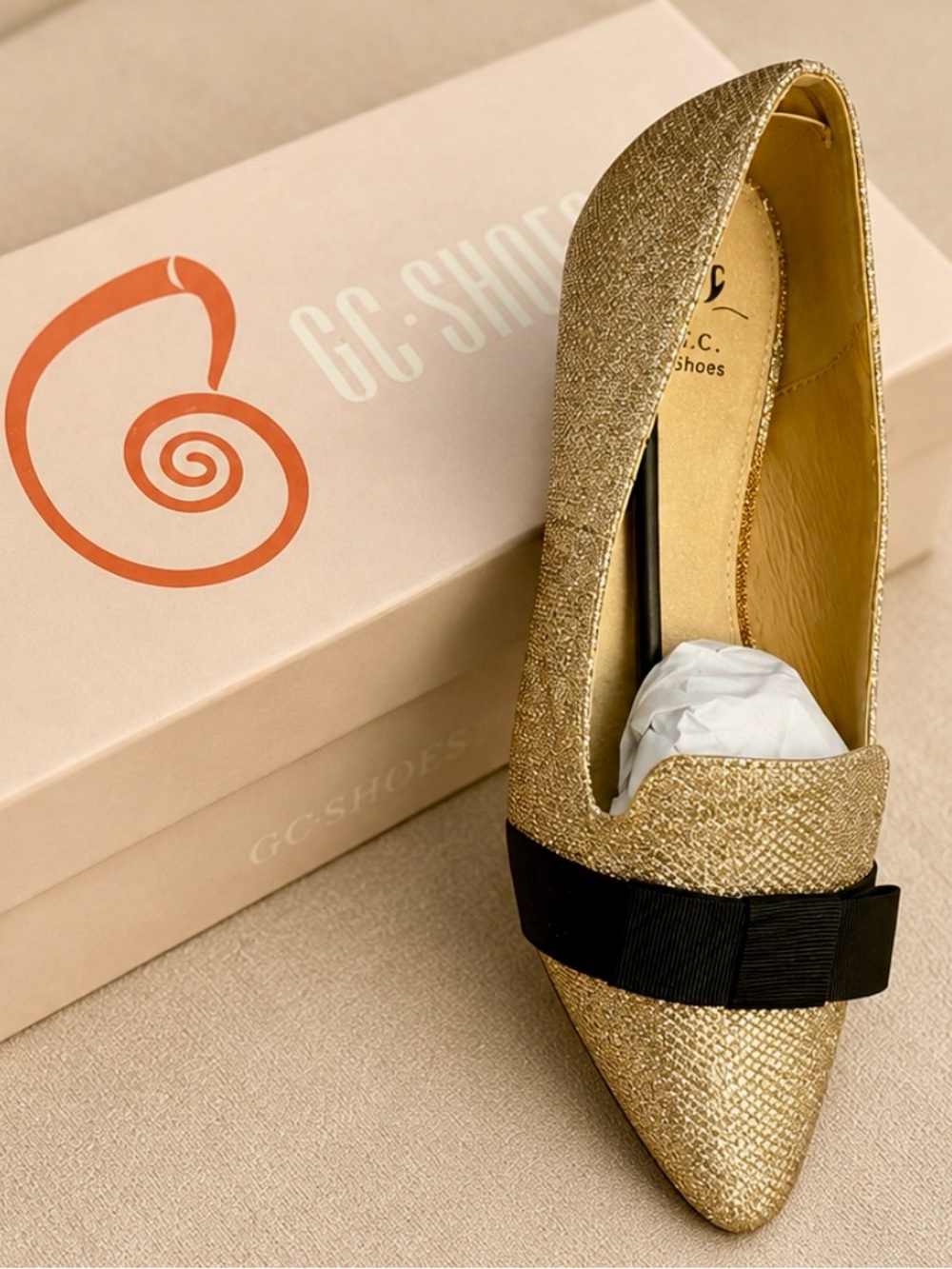 G.C. Gold Pointed Toe Flat with Black Bow